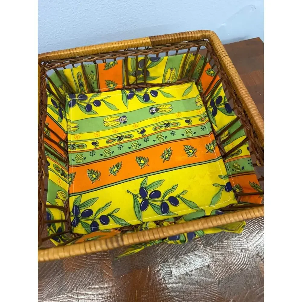 Vintage Woven Wicker Basket Lined with Colorful Fabric with Olive Motif